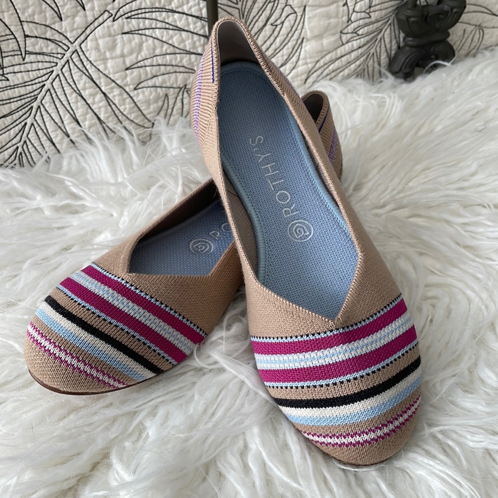 Rothy’s Camel Merino Ribbon Stripe flats, size 9